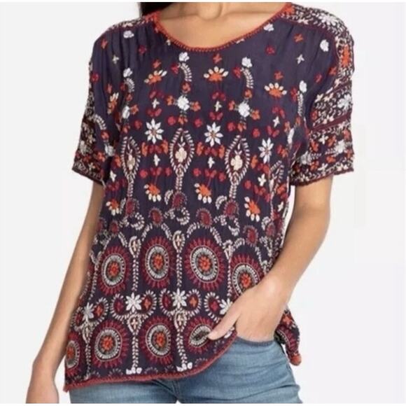 Johnny Was Tops - JOHNNY WAS Melia Red White Navy Floral Embroidered Tunic Top Blouse